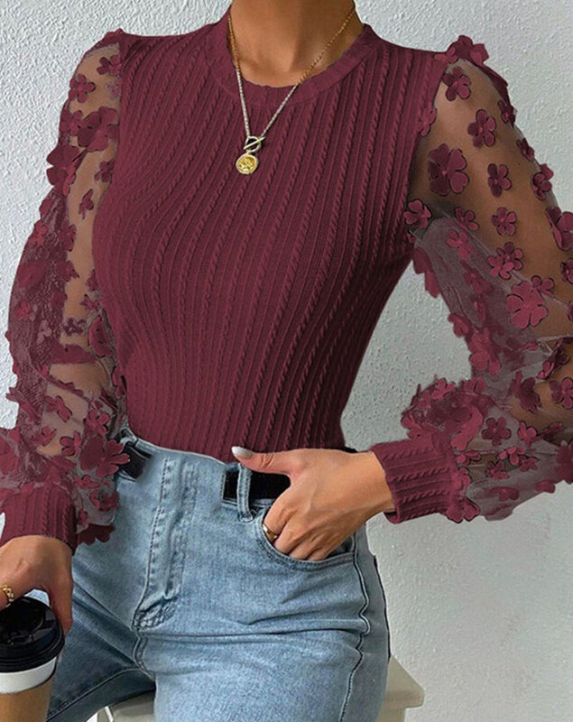Pakaian blus wanita seksi tembus pandang blus tambal sulam leher bulat pola bunga kabel jaring tipis Pullover atasan bertekstur baju wanita pas badan