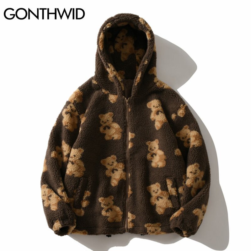 Куртка GONTHWID Мужская/Женская флисовая с капюшоном, Уличная Повседневная модная верхняя одежда в стиле Харадзюку, хип-хоп, с принтом медведя, на молнии