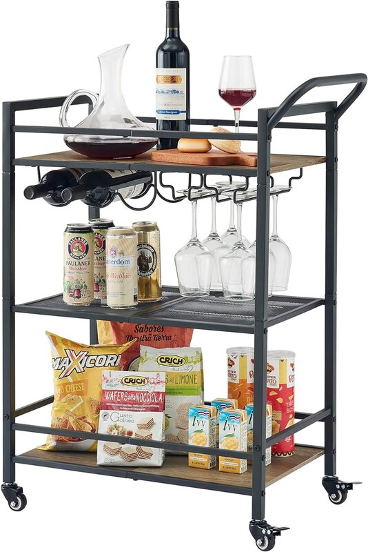 Tajsoon 3-Tier Bar Cart, Mobile Bar Serving Cart, Industrial Style Wine Cart for Kitchen, Beverage Cart with Wine Rack and Glass