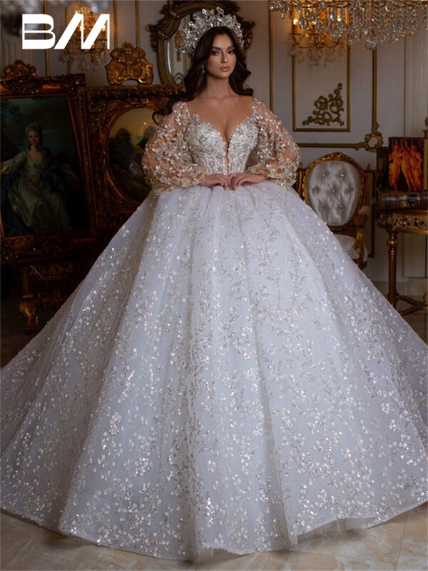 Блестящее бальное платье с аппликацией для свадьбы, с длинным рукавом, украшенное бисером, женское платье со шлейфом в виде костяной рыбы