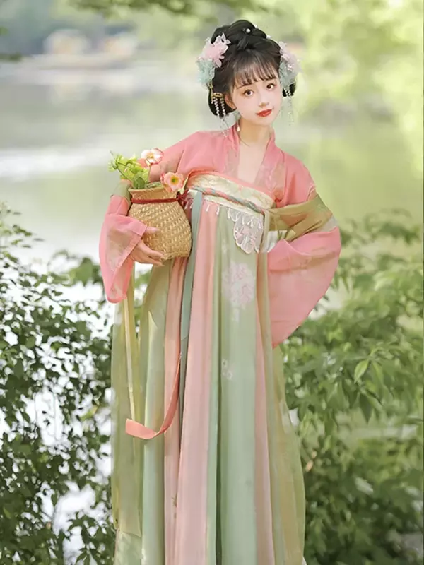 한푸 여성 꽃무늬 스커트, 당나라 제작, 가슴 길이, 부러진 스커트, 데일리 스타일, 자수 프린트, 여름