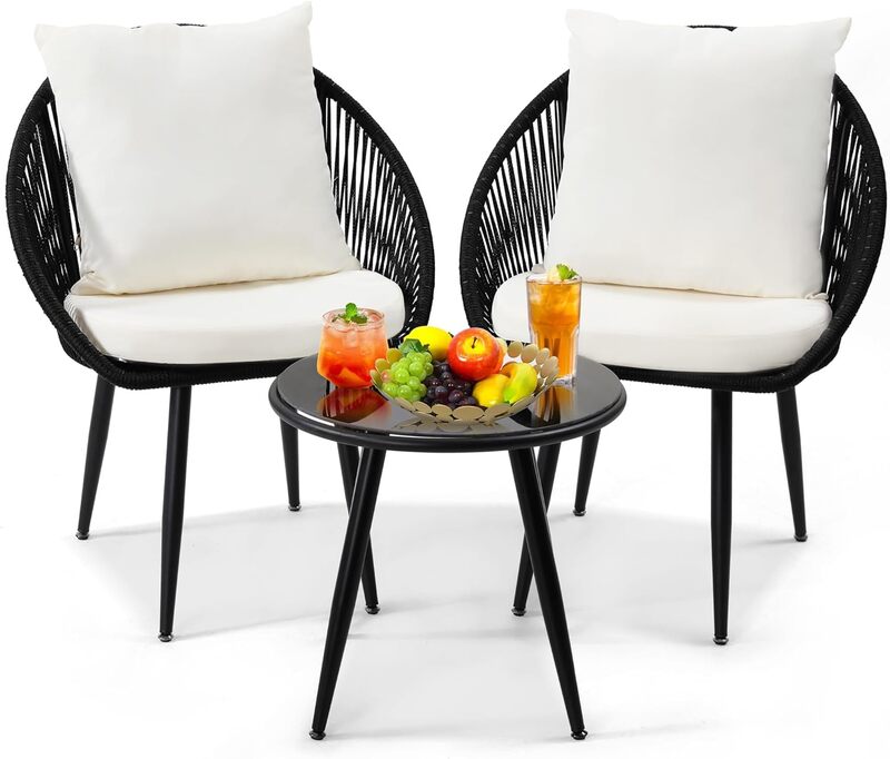 Set Bistro 3 buah, kursi tali tenun dengan bantal, Set percakapan teras cuaca dan meja samping, Ideal untuk dek