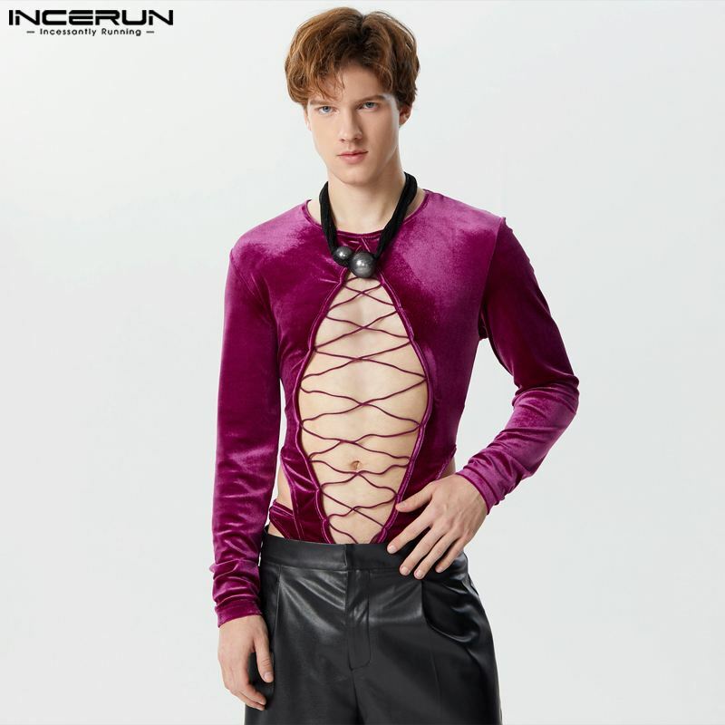 INCERUN 2024 seksowny styl męskie kombinezony domowe modne zamszowe krzyżowe body rekreacyjne trójkąciki z długimi rękawami S-3XL