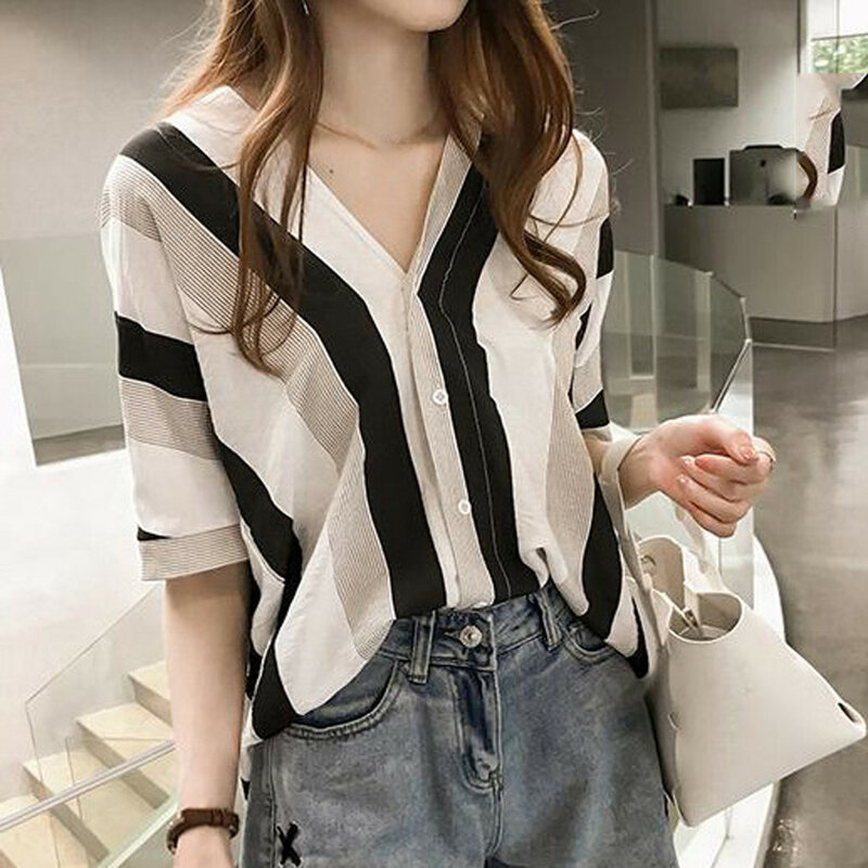 Женская блуза в Корейском стиле, элегантная приталенная Повседневная универсальная блуза свободного кроя в стиле Харадзюку, на пуговицах, с коротким рукавом, в стиле пэчворк, на лето