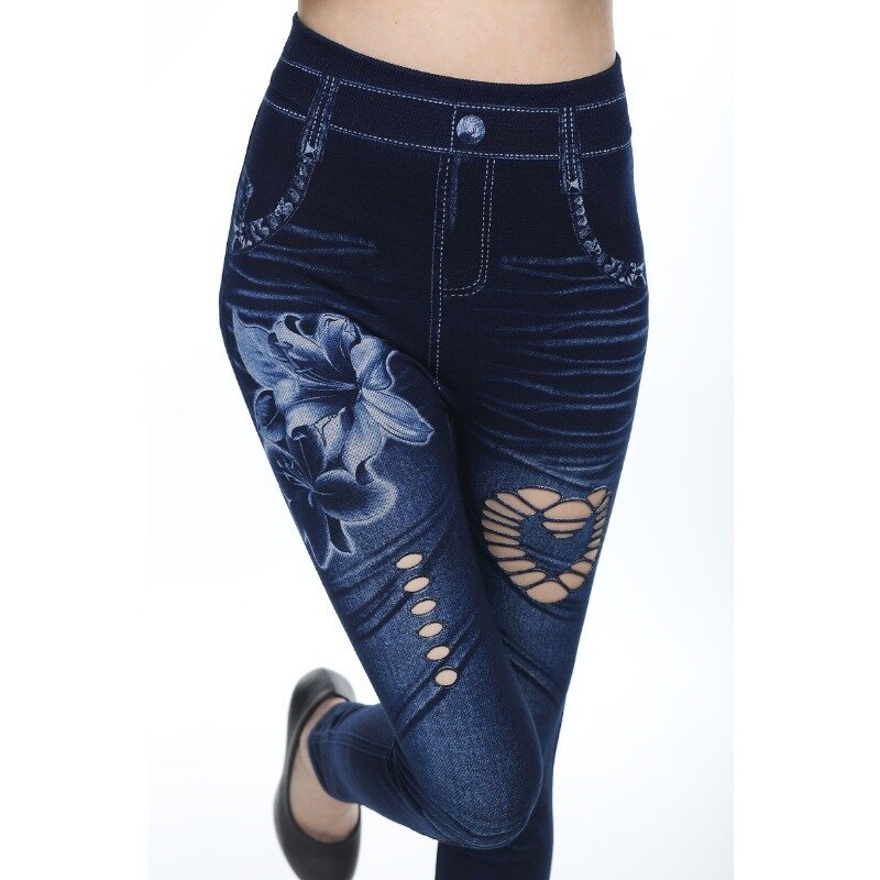 Leggings jeans de imitação de algodão sem costura, calça sexy oca, outono e inverno 2024