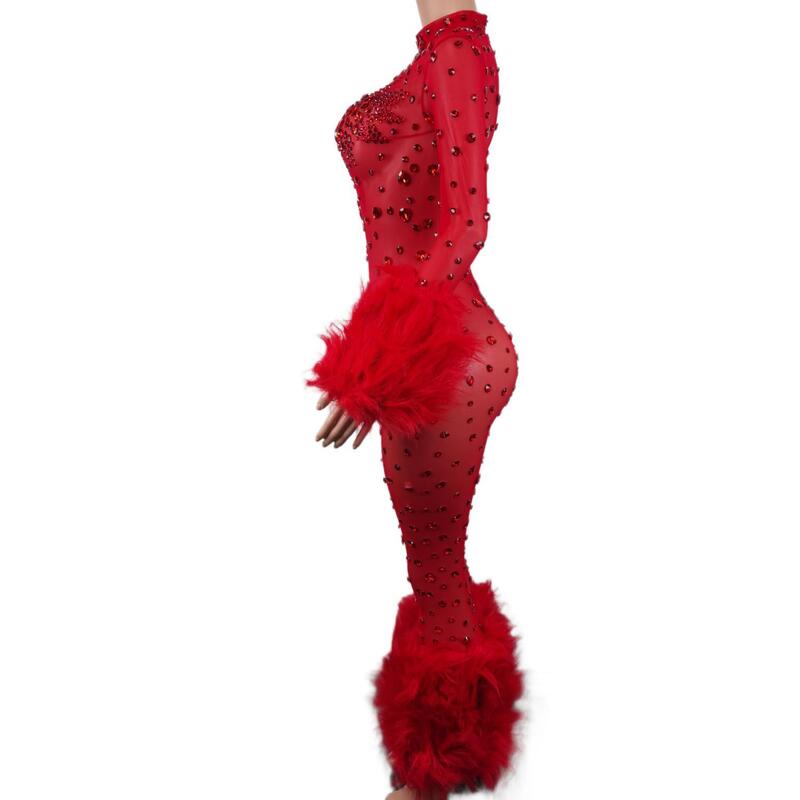 Terusan merah kristal berkilau gaun berlian imitasi berbulu seksi pakaian wanita kostum penyanyi klub malam pakaian DS dansa panggung Guibin