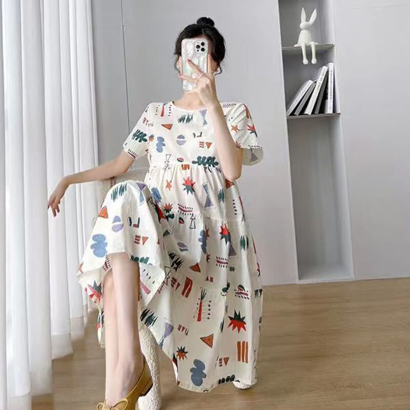 임산부 여름 드레스 패션 A 라인 루즈 반팔 스커트, 임산부 불규칙한 옷, 임신 엄마 인쇄 드레스, 신제품