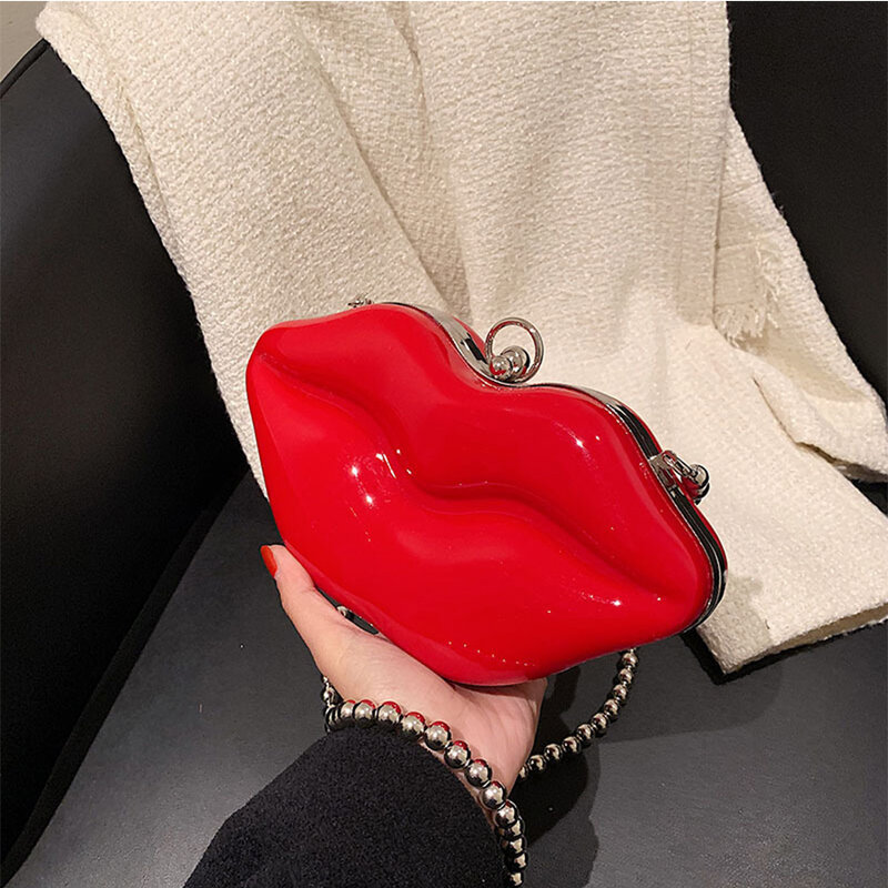 Crossbody Bags for Women PVC Handbags Lip Shape Bead Chain Messenger Bag Tote Solid Clear Shoulder Bags Phone Coin Purses Clutch