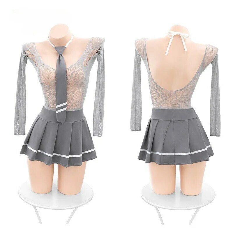 Deep-V Backless Mesh See Through Sexy Baby Doll Dress Porn School Girl Cosplay Costumes Women Erotic Sexy Fishnet Dress Lingerie
