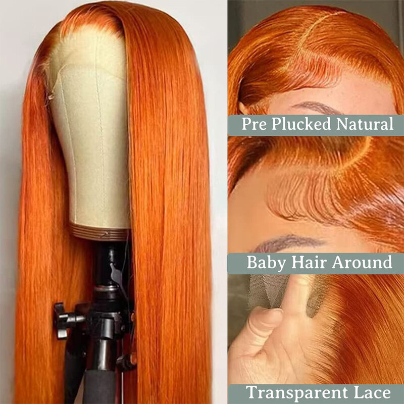 Wig jahe oranye renda depan rambut manusia pra-pencabutan lurus 13x4 HD renda Frontal rambut manusia Wig jahe renda depan Wig