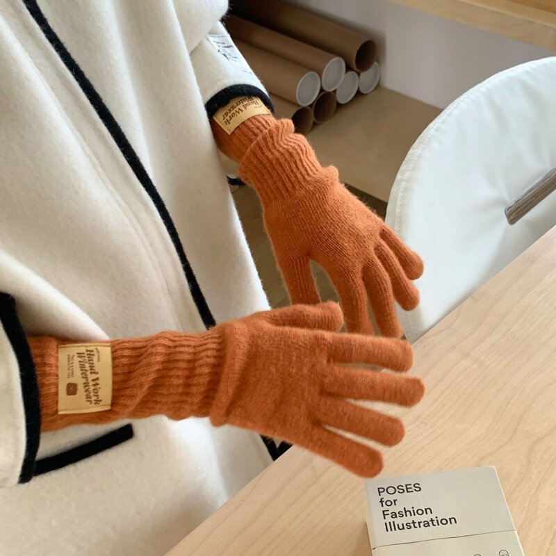 Модные однотонные вязаные перчатки для сенсорных экранов, женские зимние перчатки, теплые перчатки, однотонные рабочие перчатки, варежки для женщин
