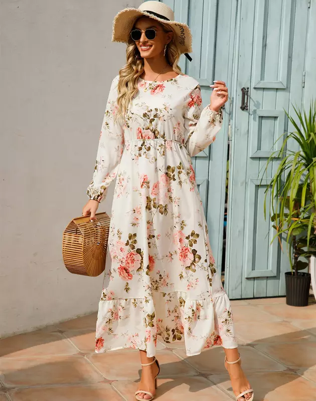 Women Eid Muslim Dresses Tight Waist O Neck Ruffles Spliced Casual Vestidos Flowers Dress Dubai Kaftan Islam Morocco Arab