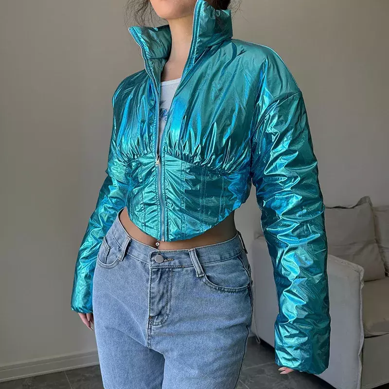 여성용 메탈릭 블루 컬러 파카 오토바이 스타일 겨울 재킷, 2023 따뜻한 플라스틱 허리, 불규칙한 지퍼 라펠 짧은 코트