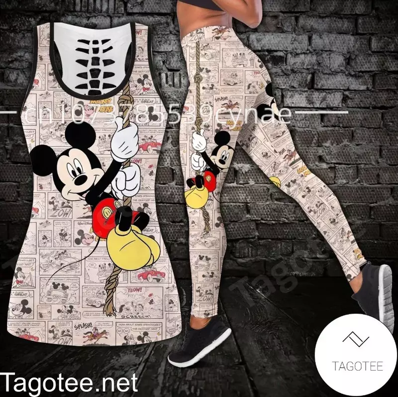 Disney-Conjunto de colete e leggings feminino Mickey e Minnie Hollow, terno de ioga, leggings fitness, terno esportivo, regata, roupa legging