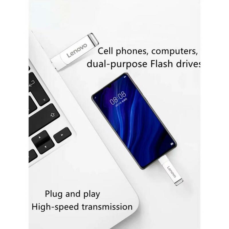 Lenovo-Unidade Flash USB Tipo C, Pendrive Impermeável, Flash Stick, Disco, Alta Velocidade, 2 em 1, 64TB, 128GB, 256GB, 16TB