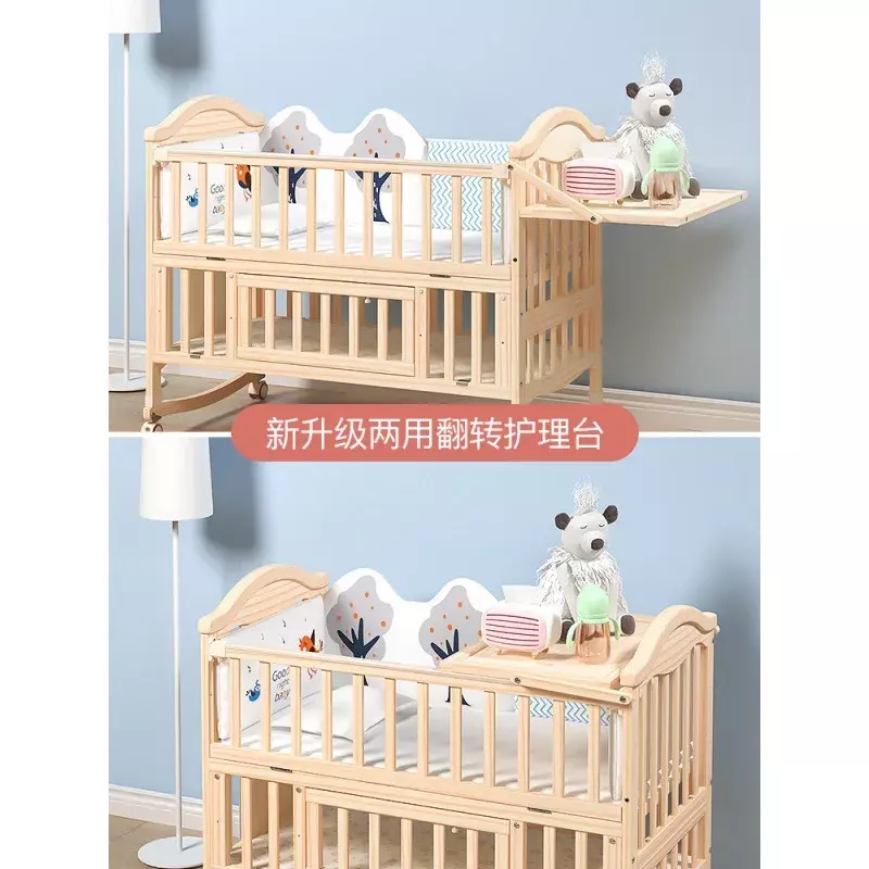 Детская кроватка из цельной древесины, Неокрашенная детская кроватка, многофункциональная детская большая кровать с подвижным соединением