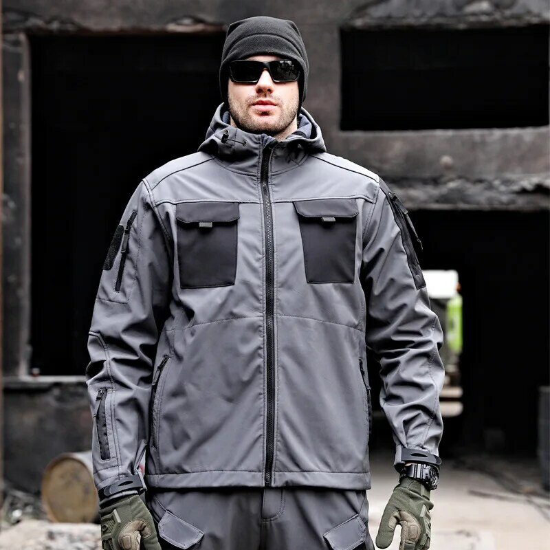 남성용 상어 피부 전술 후드 재킷, 방수 양털 소프트 쉘 멀티 포켓, 내마모성 재킷, 야외 전투 코트