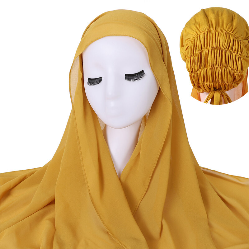 Instant Hijaabs Chiffon Hijab Sjaal Met Tie Jersey Caps Motorkap Brand Design Moslim Sjaal Klaar Om Te Dragen