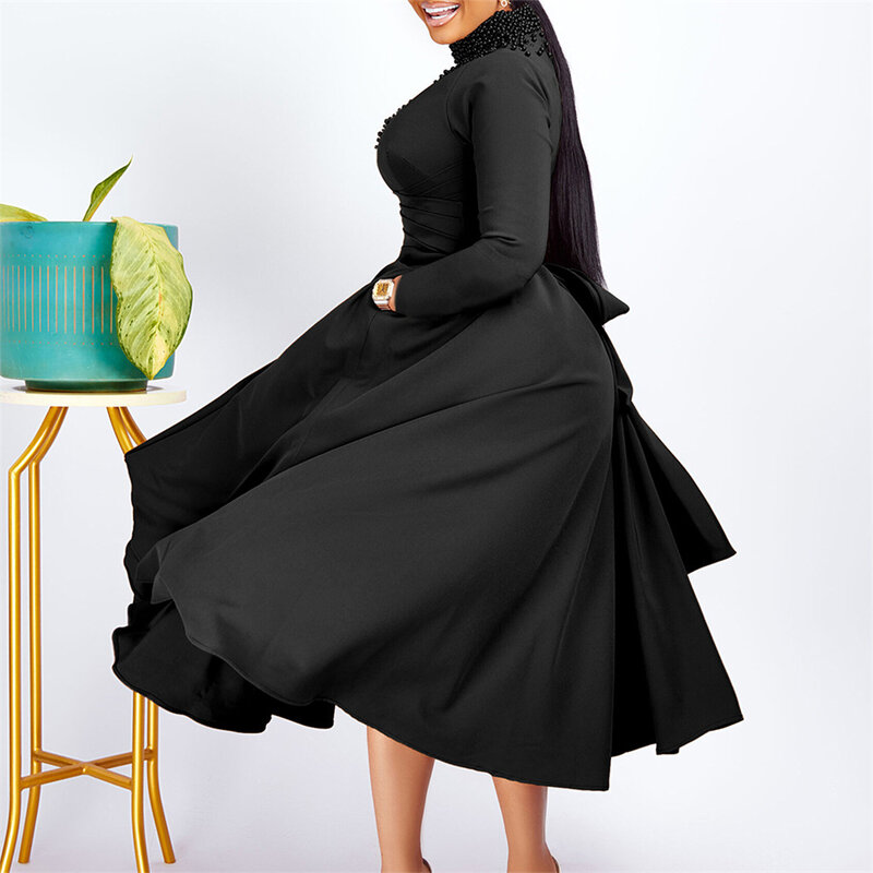 Elegant Party Dress Women Long Sleeve Turtleneck Swing Dresses Plus Size Beaded Formal African Ankara Dashiki Dubai Abaya Gown