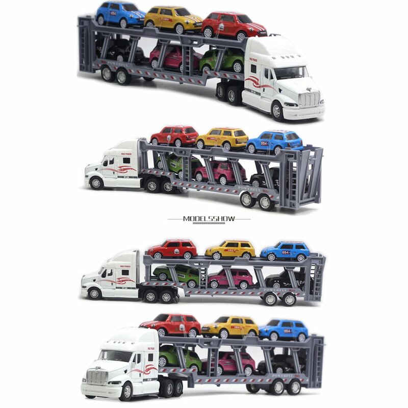 1:48 35cm Legierung American Big Truck mit 6 Stück Mini Metall legierung Druckguss Auto Modell 1:64 Maßstab Spielzeug Fahrzeuge Träger LKW für Kinder