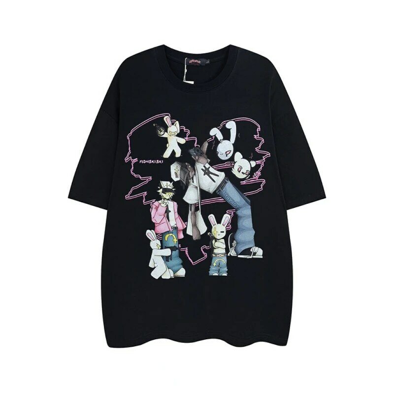 남녀공용 아메리칸 힙합 스트리트 폭격 재미있는 반팔 티셔츠, 루즈 블랙 프린트 커플 코튼 상의, 여름