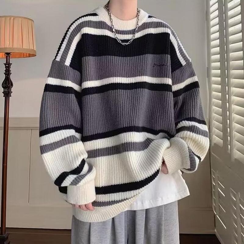 Przytulny sweter styl japoński bluza z dzianiny typu Colorblock na jesień i zimę gruby ciepły sweter z długim rękawem Retro Mid
