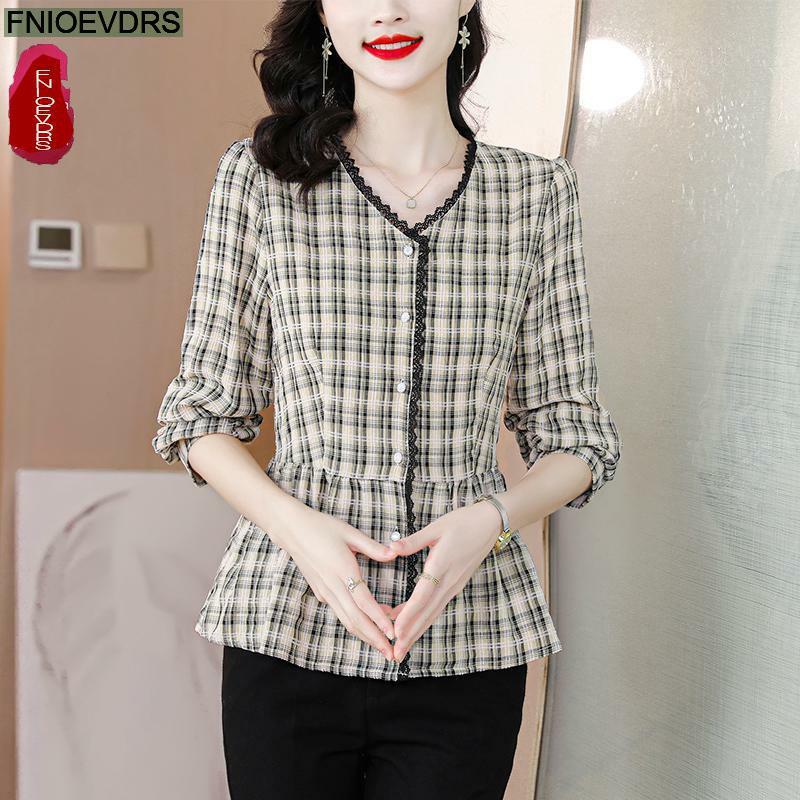 M-4XL 2023 Womem Long Sleeve Elegant Office Lady Work Button Plaid Shirt Casual Ruffles Belly Tunic Peplum Tops Blouses