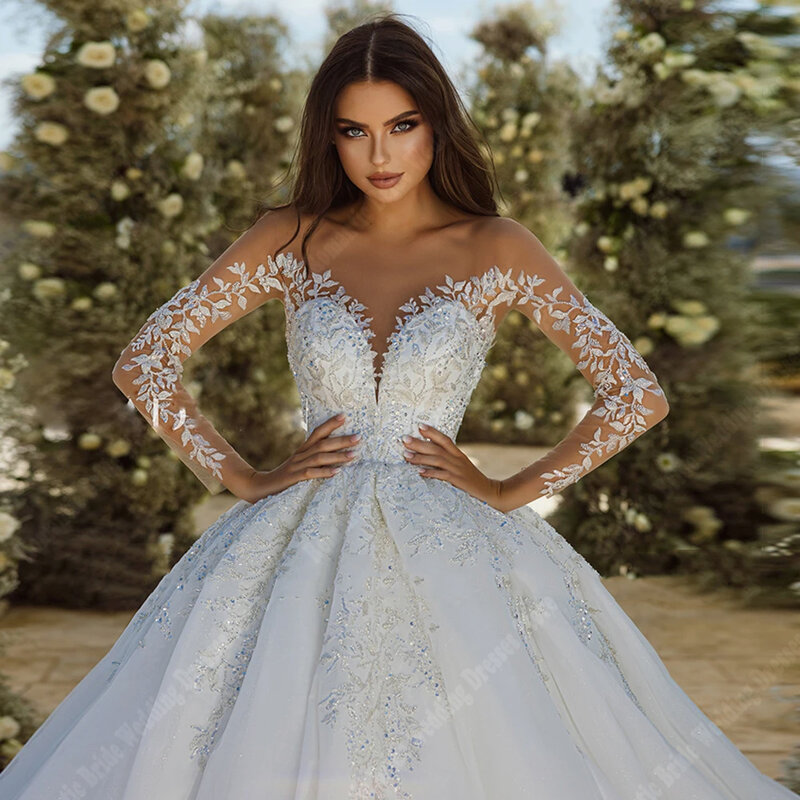 Gaun pengantin wanita kerah V bangsawan indah gaun pengantin putri A-Line lengan panjang gaun pesta makan pantai cantik Vestidos De Novias
