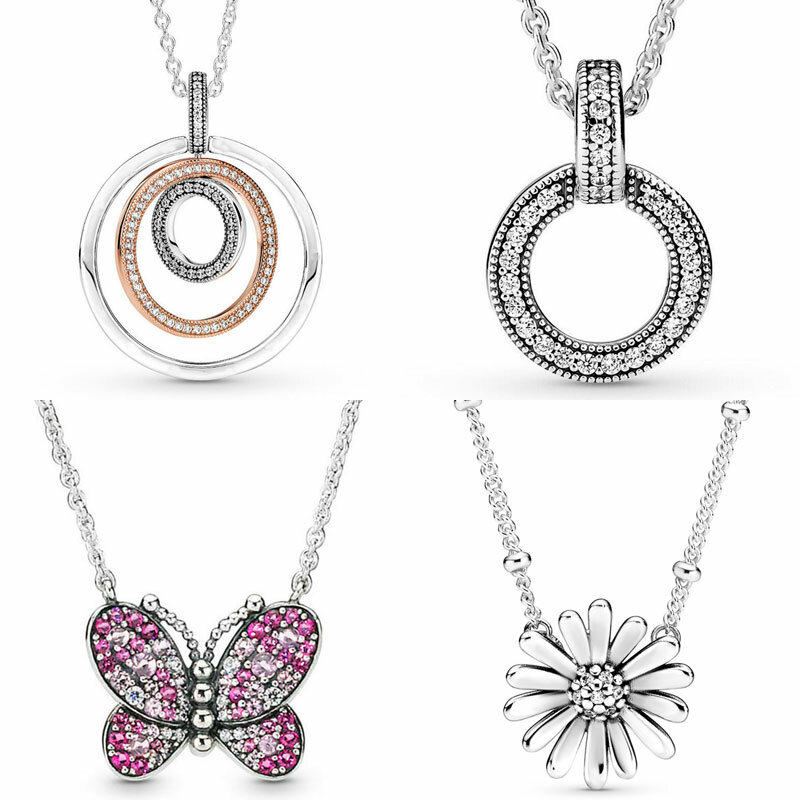 Schillernde rosa Schmetterling doppelte zweifarbige Kreise Gänseblümchen Anhänger 925 Sterling Silber Halskette für Mode Perlen Charme DIY Schmuck