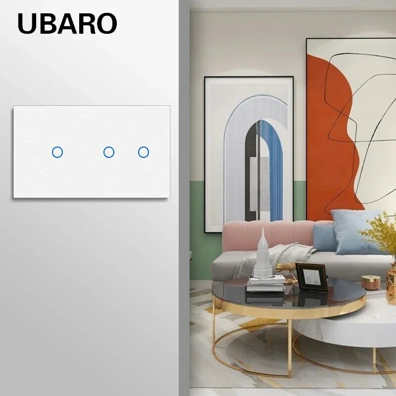 UBARO-interruptor de luz táctil de pared para el hogar, Panel de cristal templado con Sensor eléctrico, estándar europeo, 3 entradas, 146mm, 100-240V
