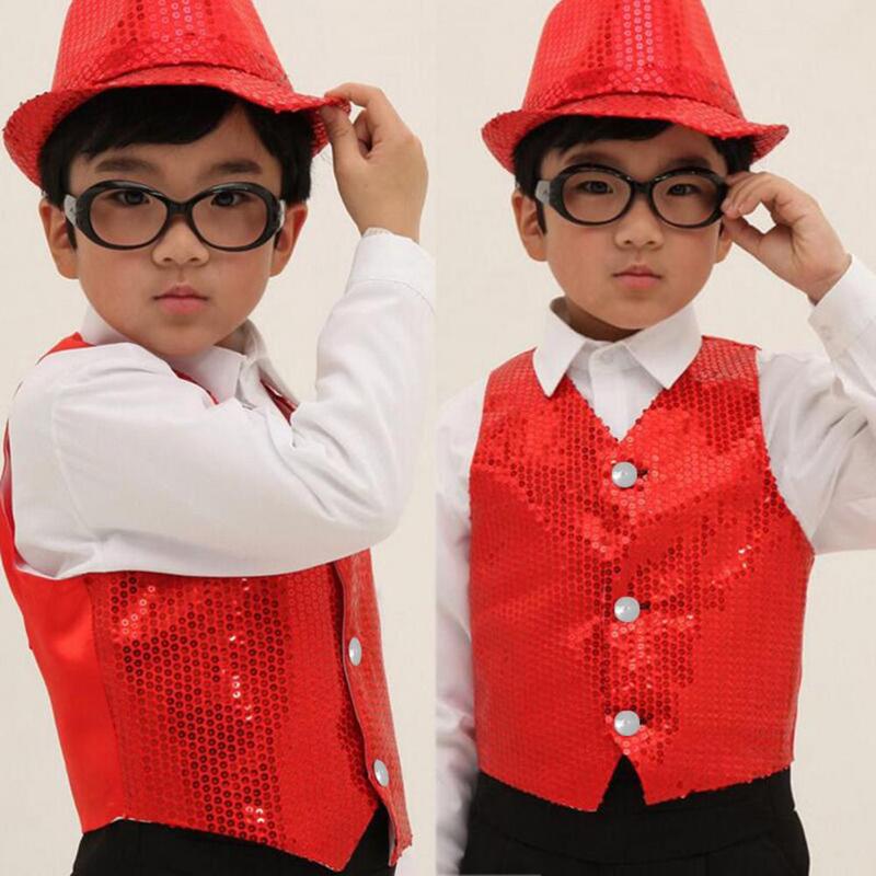 Anak-anak payet berkilau pakaian anak laki-laki kostum penampilan panggung Natal anak-anak Hip-hop Jazz rompi tari panggung