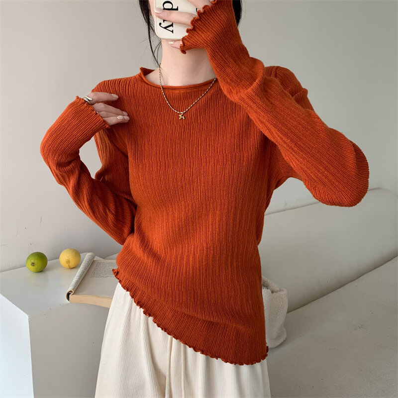 Różowa składana sweter z golfem kobiet jesienno-zimowa wysoka, elastyczna, długa sweter z rękawem, prosta, dopasowana do dołu, damska B115