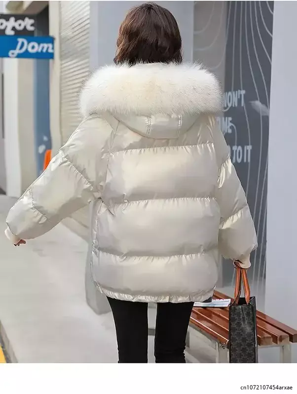 Piumino invernale parka donna piumino collo di pelliccia con cappuccio moda paillettes giacche capispalla femminile cappotti da donna argento caldo