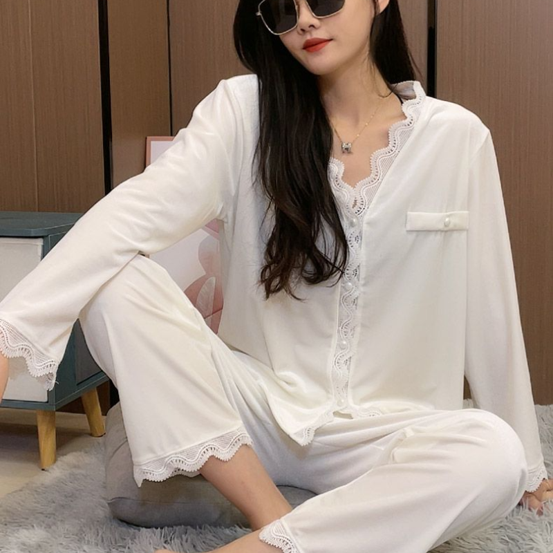 Pyjama élégant à manches longues pour femmes, col beurre, décontracté, confortable, jeune coréen, document solide, tournant, printemps, automne, nouvelle mode