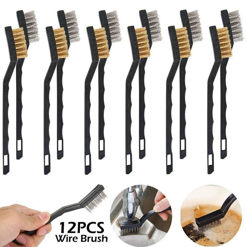 12pcs Small Wire Brush Set Stainless Steel Wire Brush DIY Paint Rust-Remover Tool For Cleaning Steel Parts Machinery Metal Blank
