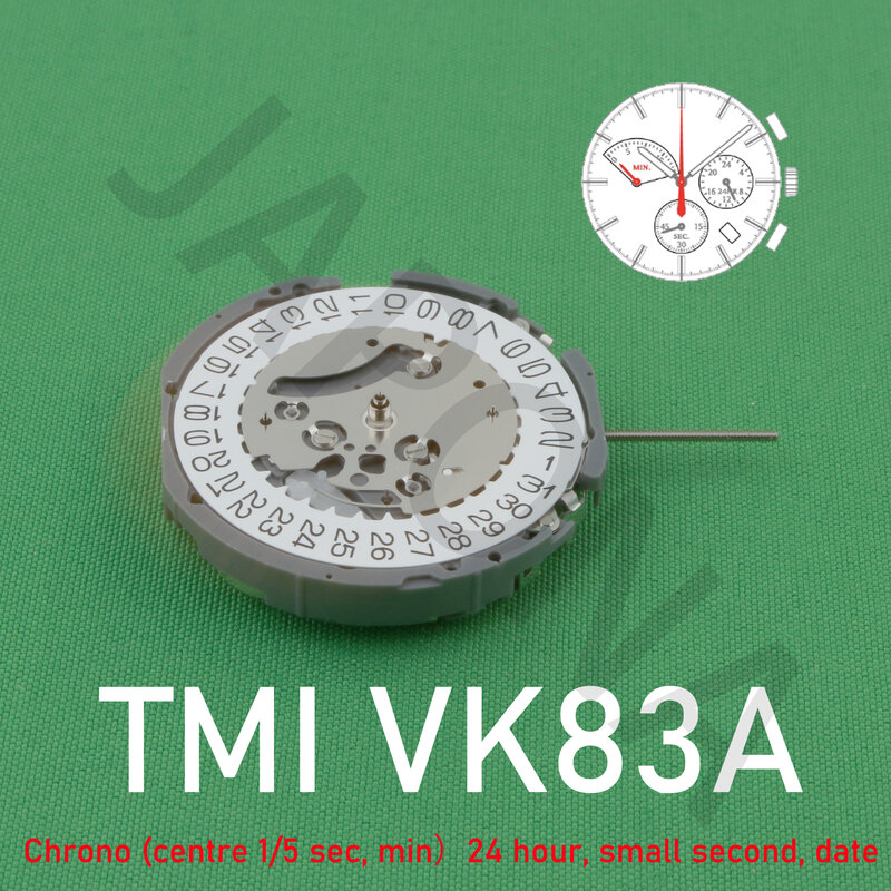 Movimiento japonés TMI VK83A, Chrono (Centro de 1/5 segundos, min), 24 horas, segundo pequeño, fecha, movimiento de cuarzo con temporizador preciso