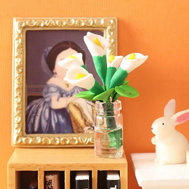 Miniatur bunga Calla Lily garis Bening, perlengkapan rumah boneka Model bunga pot mekar penuh tidak pudar