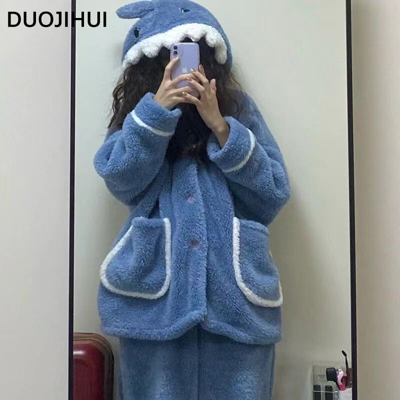 DUOJIHUI-Pijama de franela holgado con capucha para mujer, cárdigan con botones, pantalones informales, conjuntos de pijamas simples a la moda