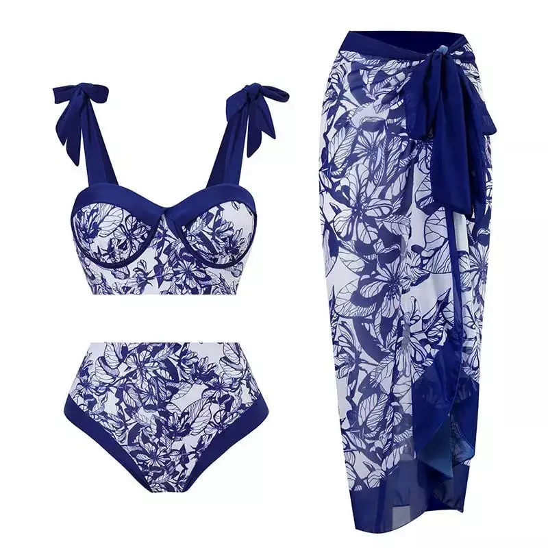 2024Bikini Swimsuit Women with Skirt Floral Swimwear Print Push Up Beachwear Cover Up Elegant Brazilian Beach Bathing Suit Women