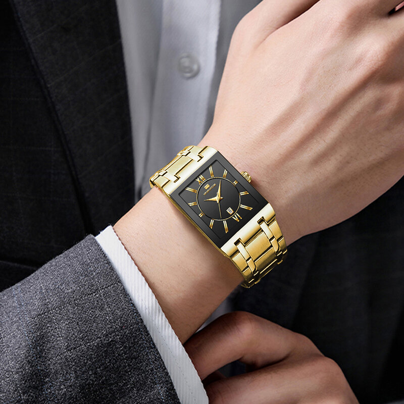 Мужские часы VA VOOM, мужские часы с квадратным циферблатом, роскошные брендовые золотистые кварцевые наручные часы из нержавеющей стали, водонепроницаемые наручные часы