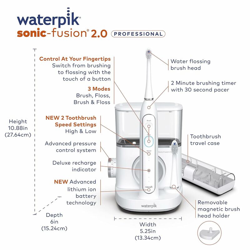 Waterpik-escova profissional sonic fusion 2.0, escova elétrica e fio dental aquático, combo em um, branco