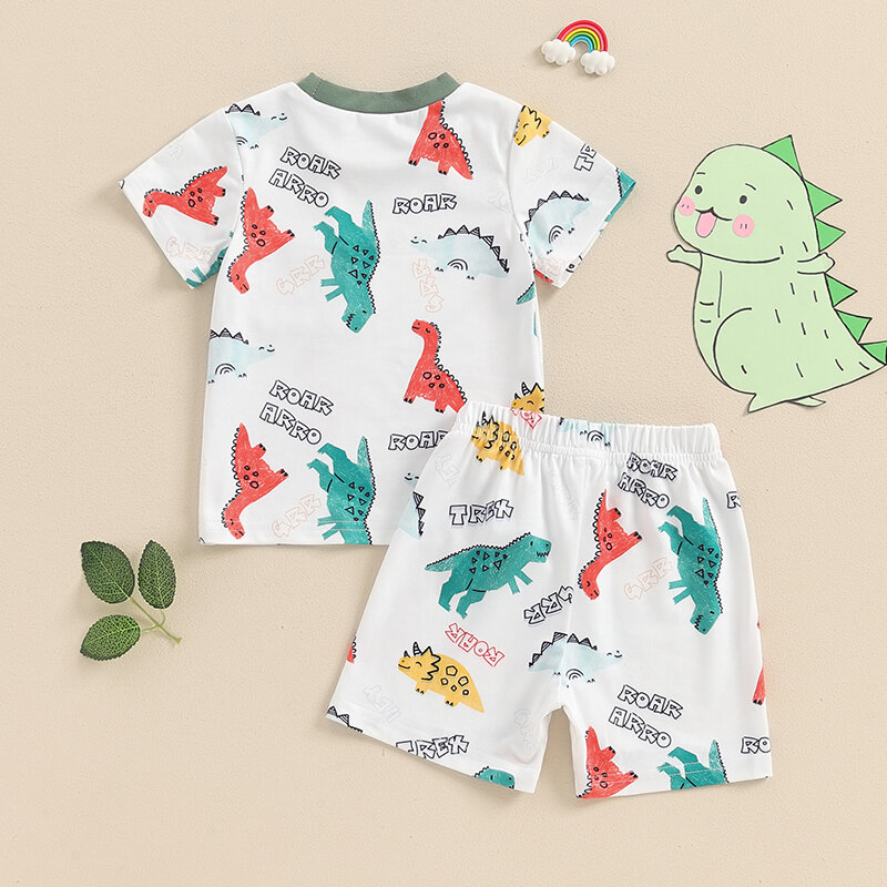 Conjunto de t-shirt de manga curta e shorts elásticos com estampa de dinossauro, roupas de férias, verão, 2024-04-09