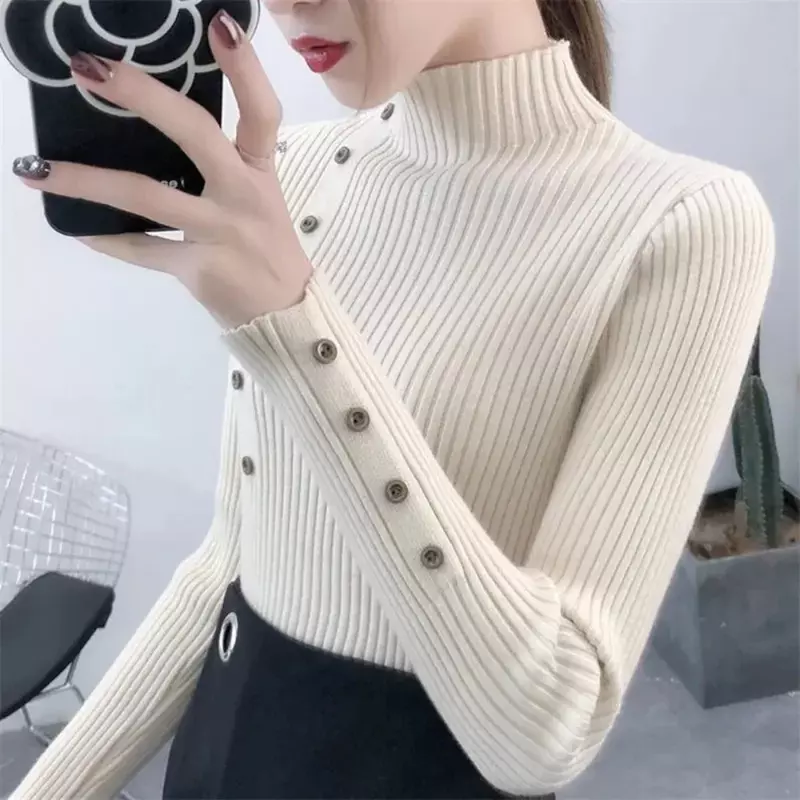 2023 Frauen Herbst gestrickte schlanke Pullover solide gestrickte weibliche Baumwolle weiche elastische Farbe Pullover Knopf voller Ärmel Roll kragen pullover