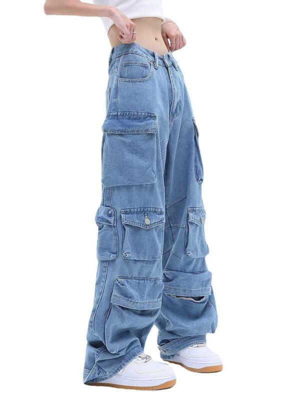 Джинсы Женские однотонные с карманами, свободные брюки с широкими штанинами в стиле ретро, повседневные уличные джинсы-Джокер в стиле ретро, парные брюки