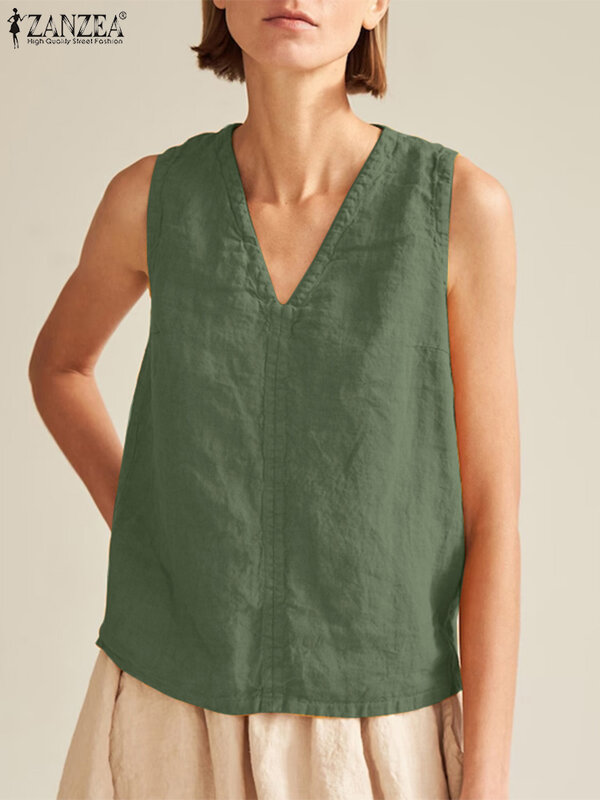 Zanzea-camisa sem mangas de linho e algodão da mulher, v pescoço, casual, cor sólida, uso diário, verão, férias, 2020