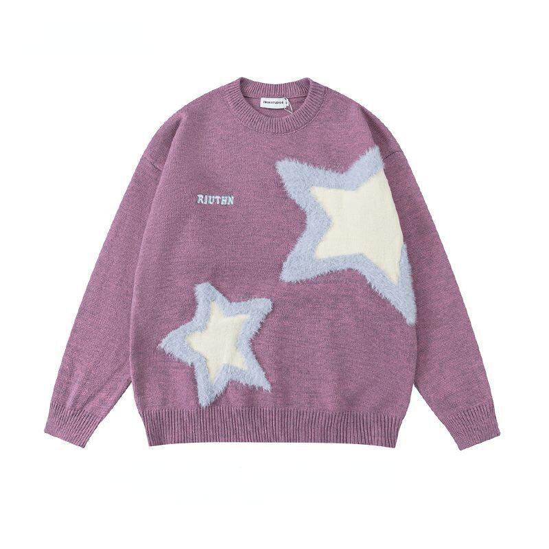 Retro Harajuku gwiazda Flocked para sweter sweter oversize z długimi rękawami pogrubione męskie damskie luźne wszechstronne swetry w stylu Casual