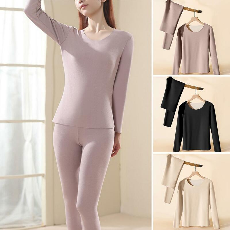 Long-sleeved Thermal Set Women's Winter Thermal Underwear Set O-neck Long Sleeve Tops High Waist Pants Double Layer Warm