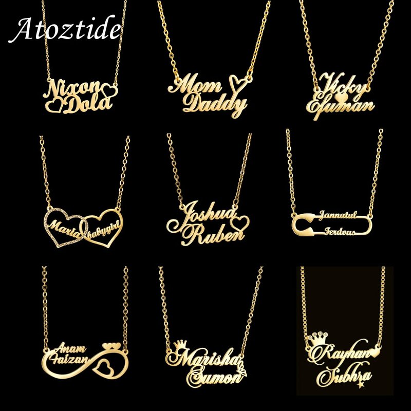 Atoztide Personalized Custom 2 Names Pendant Necklace for Women Stainless Steel Stone Heart Fashion Christmas Jewelry Gift