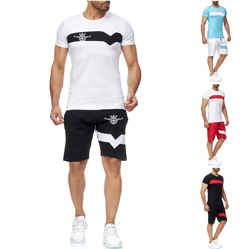 Setelan baju olahraga pria, DAF TRUCKER LOGO Splice musim panas kualitas tinggi lengan pendek cetak katun + celana pendek