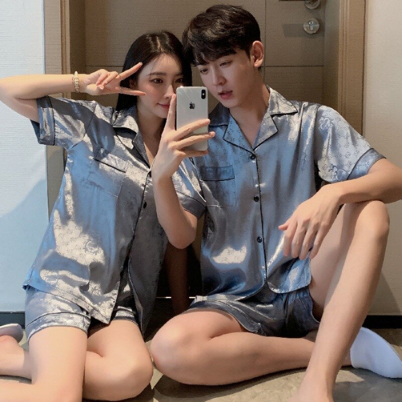 الكورية موضة سترة الحرير ملابس خاصة للأزواج الصيف لينة المنزل ملابس الرجال والنساء مطابقة المتسكعون الذكور الإناث Pjs